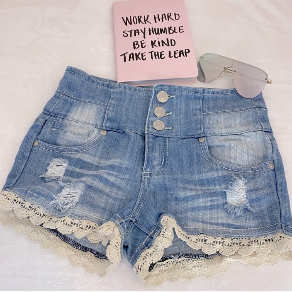High Waisted Lace Distressed Jean Shorts